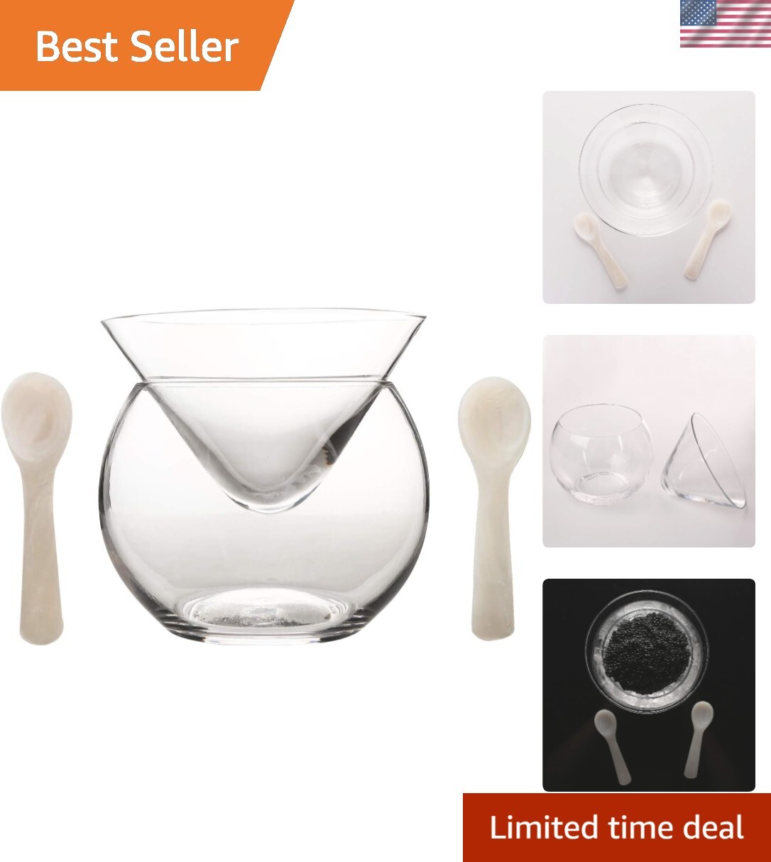 Chic 3-Piece Caviar Chiller Set with Mother of Pearl Spoons – Dishwasher Safe
