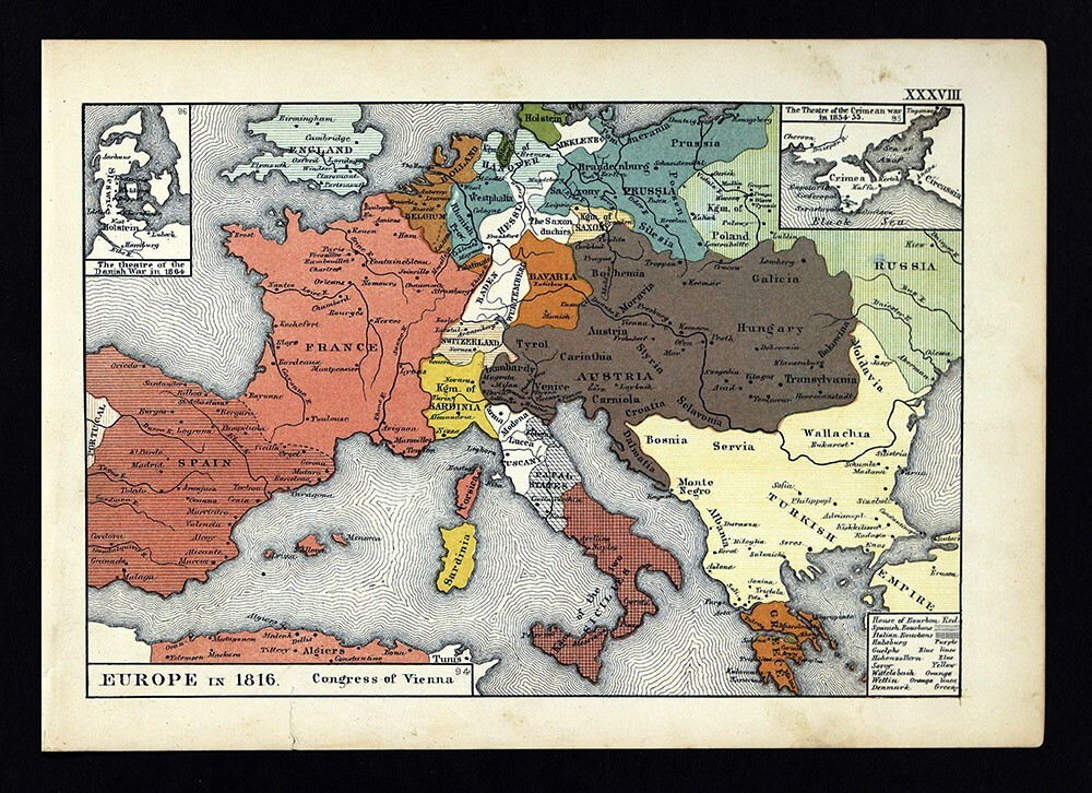 1873 Labberton Map Europe 1816 Vienna Congress Danish War 1864 Crimean War 1854