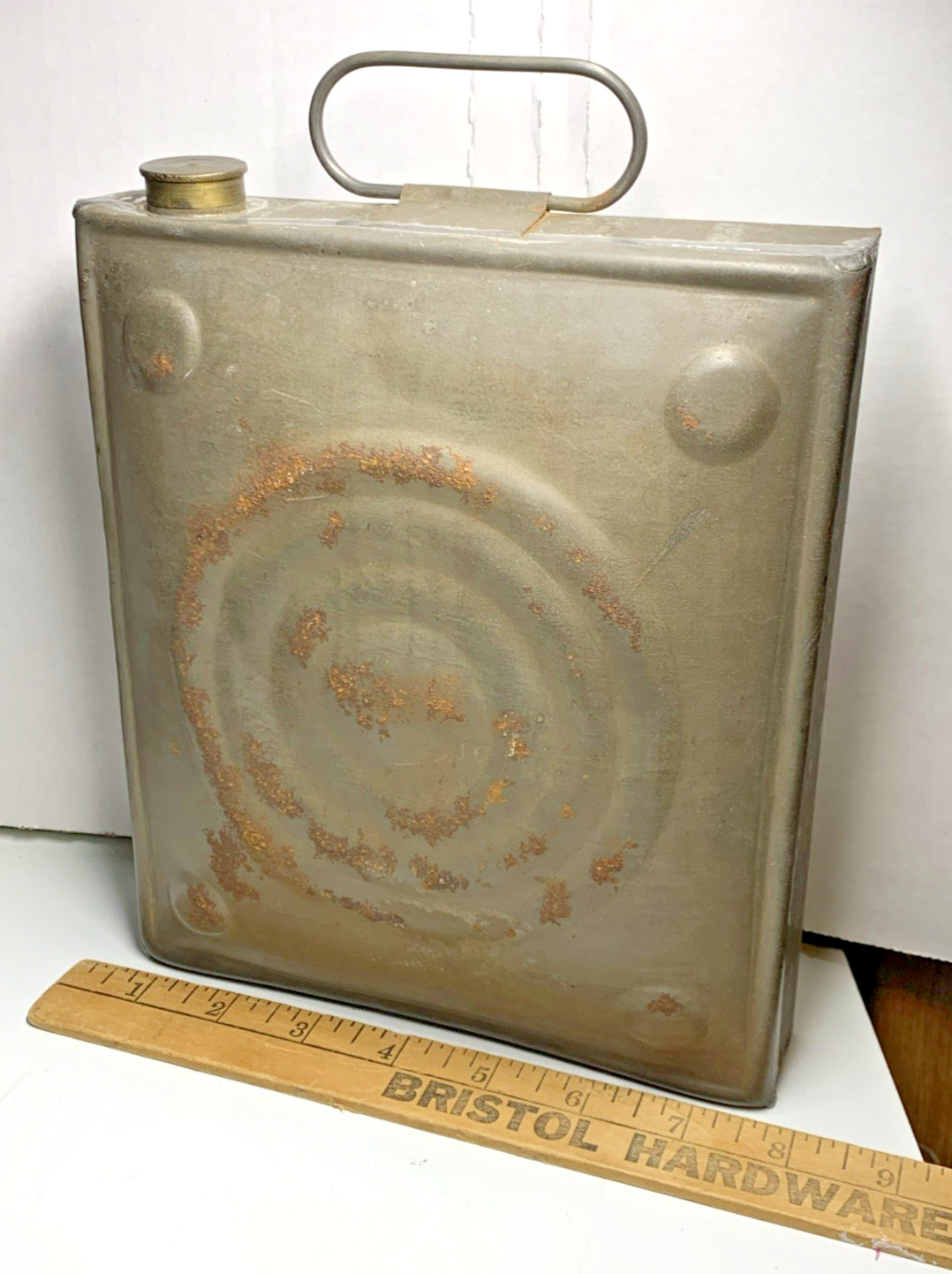 Antique Box-Shaped Kerosene Metal Storage Canister with Brass Cap 8.25″x7″x1.5″