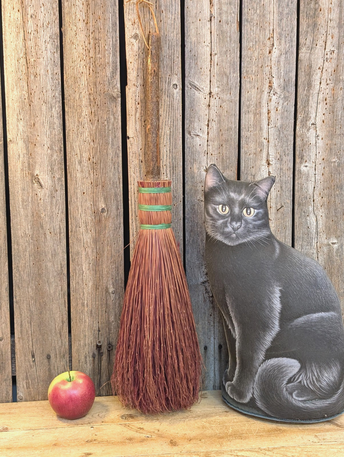 Antique Primitive Hearth Witch Whisk Broom Natural Wooden Staff RED VTG 23″
