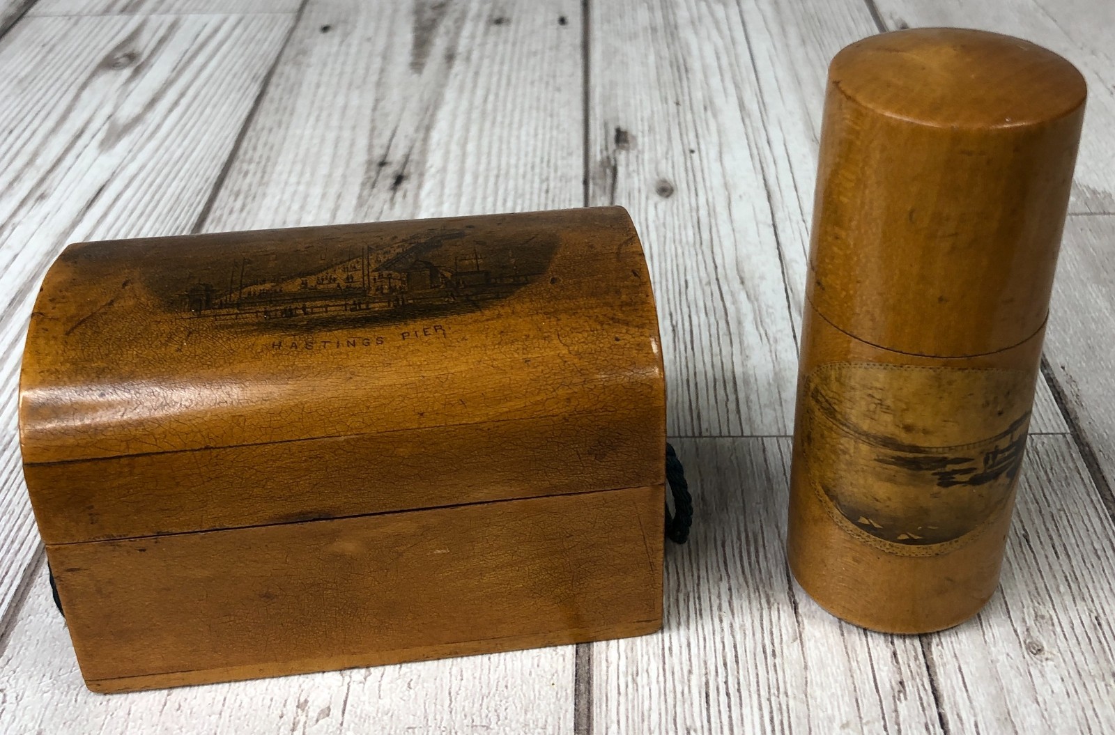Antique Mauchline Ware Treen – Hastings Pier – Wooden Chest Box and Needle Case