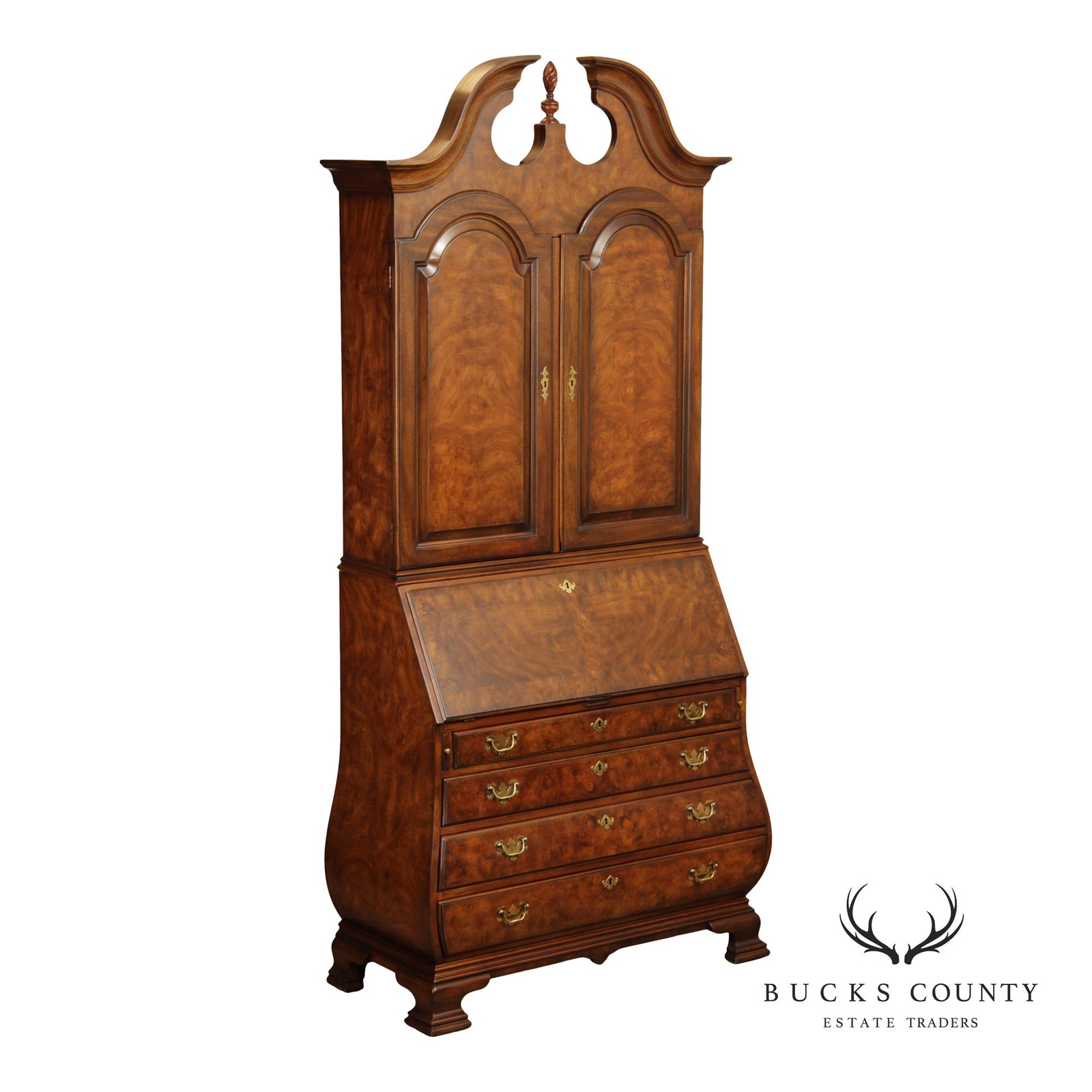 Burled Walnut Bombe Secretary Desk Bookcase By Heritage Heirloom