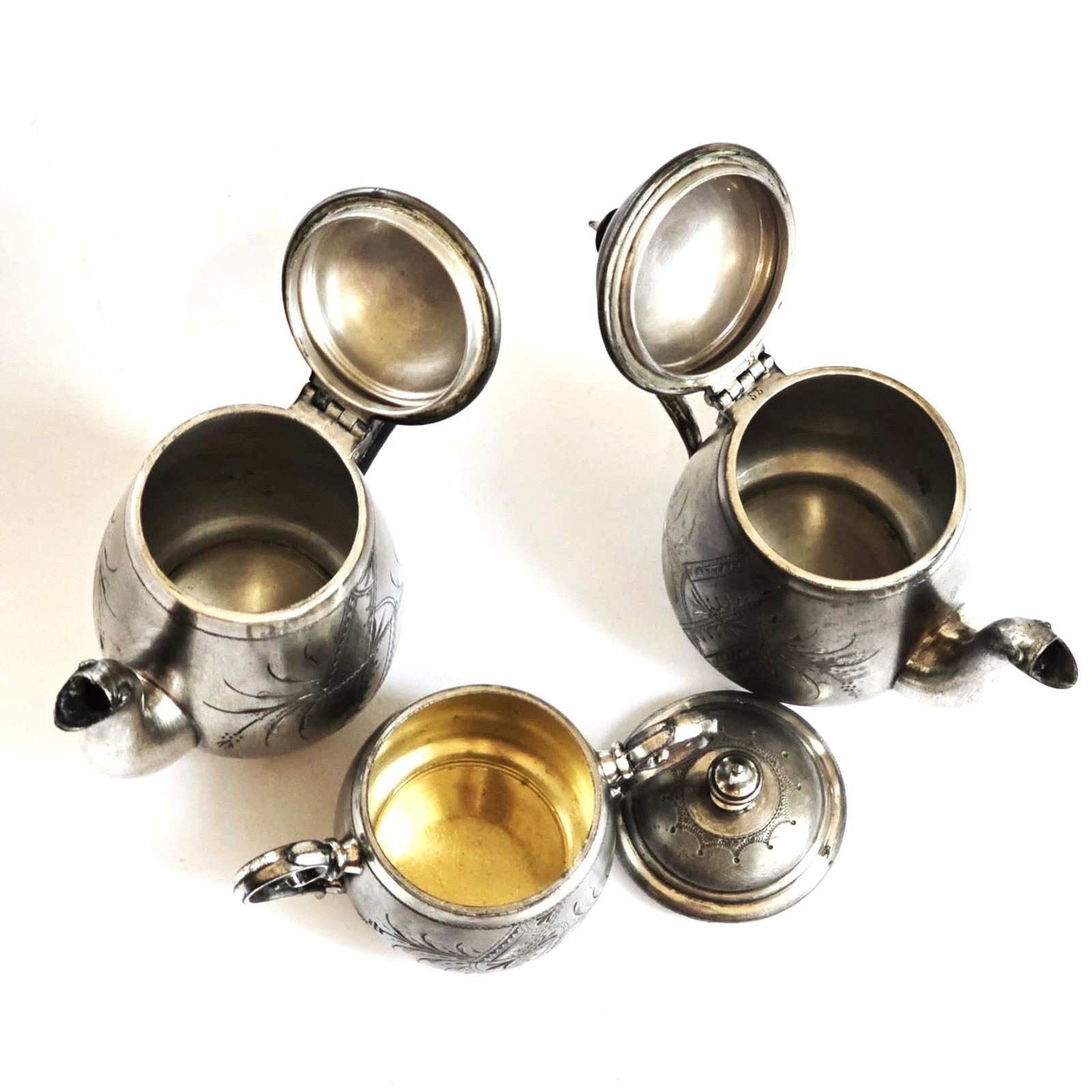 WMFB Silver Plated Set 1900s German Coffee Pot Teapot Sugar Bowl Swan Spout