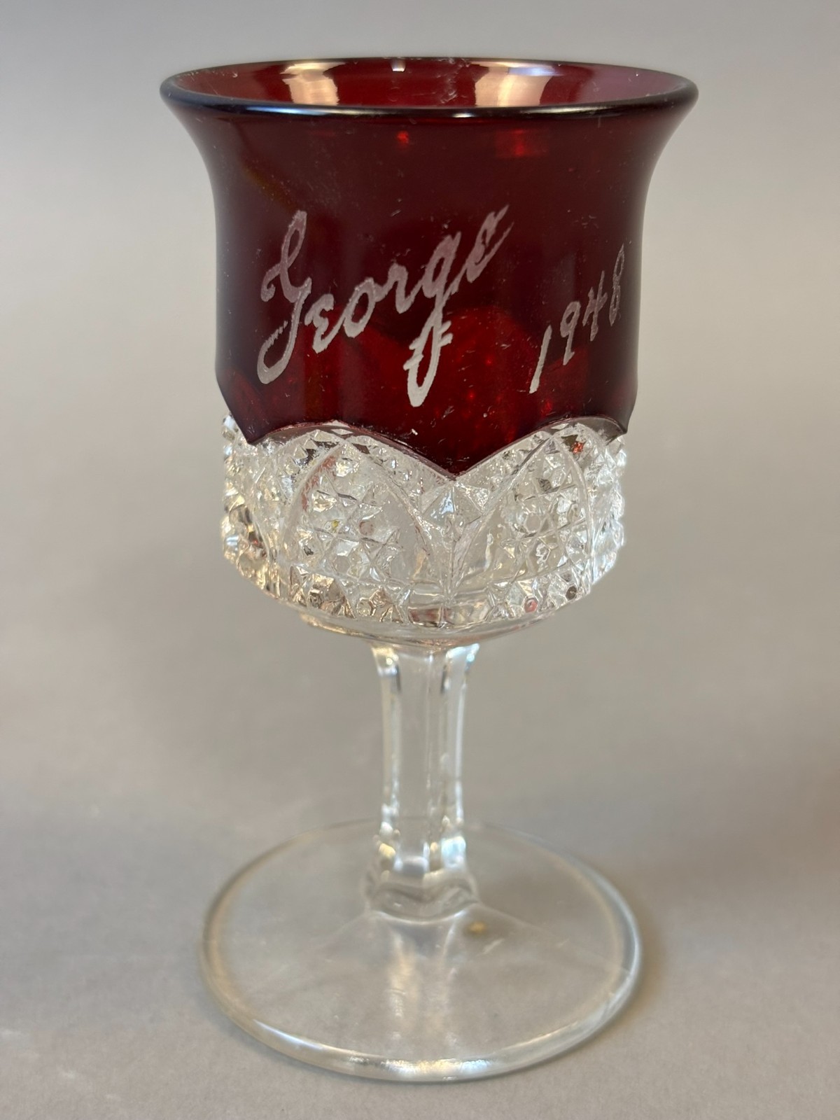 #1267 Antique GEORGE 1948 Ruby Red Flash Souvenir Glass CUT GLASS GOBLET