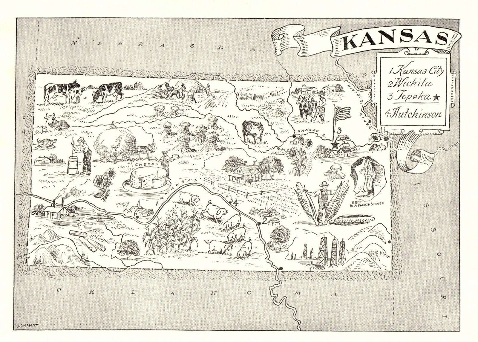 1950s Vintage KANSAS State Map Animated Map of Kansas Picture Map BW 6828