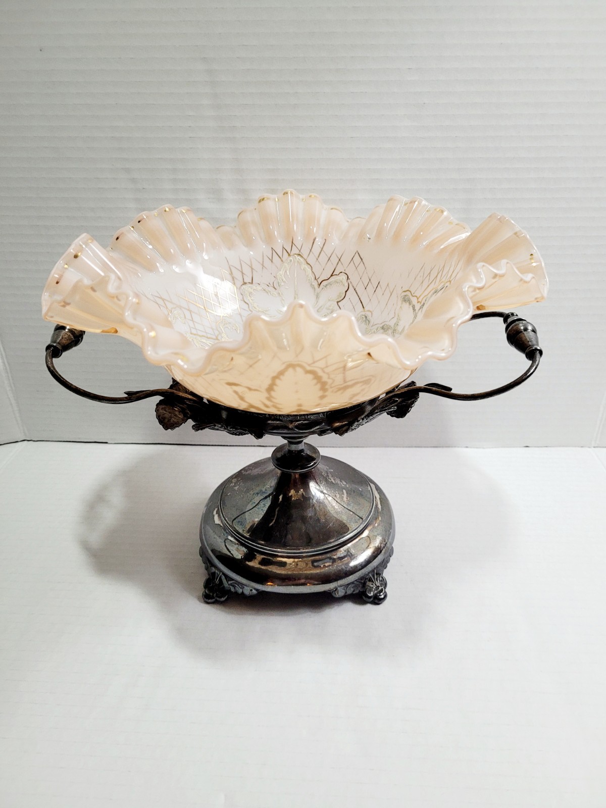 Antique Victorian Bride Bowl Basket Peach Glass Silver Plate Enamel Painted
