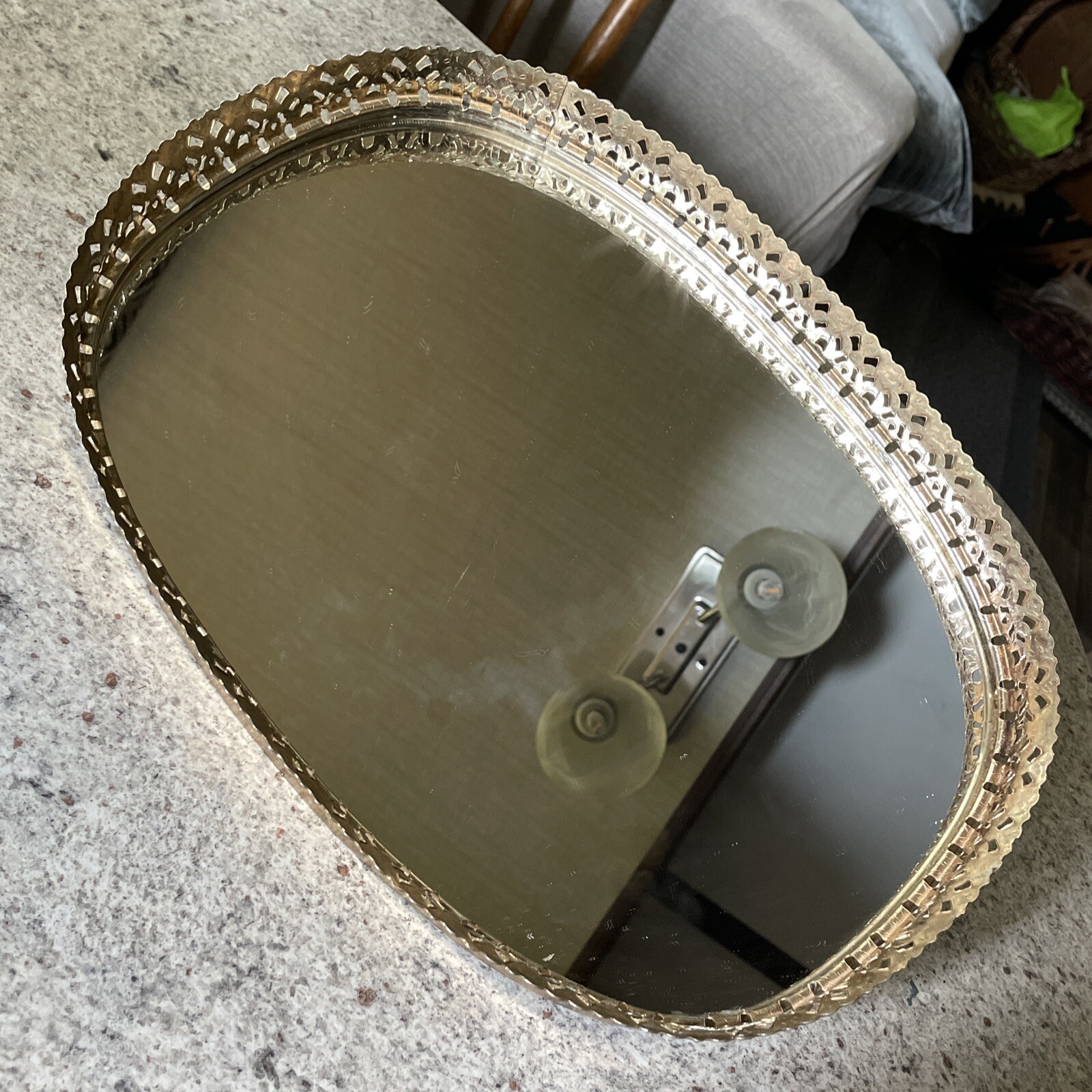 Vintage Metal Oval Table Top Mirror/Jewelry or Perfume Tray Display 13” x 9.5”