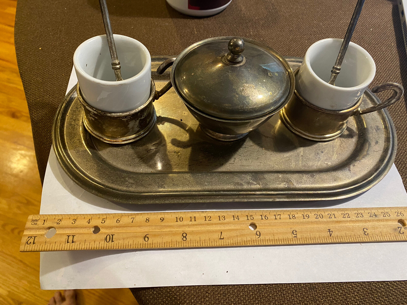 Vintage Silver Plate Espresso Set – Complete w Tray 2 Cups/Spoons, Sugar Holder