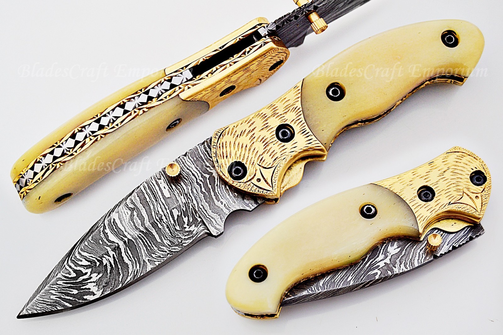 Camel Bone Handle Pocket Folding Knife Damascus Steel Engraved Brass Bolster