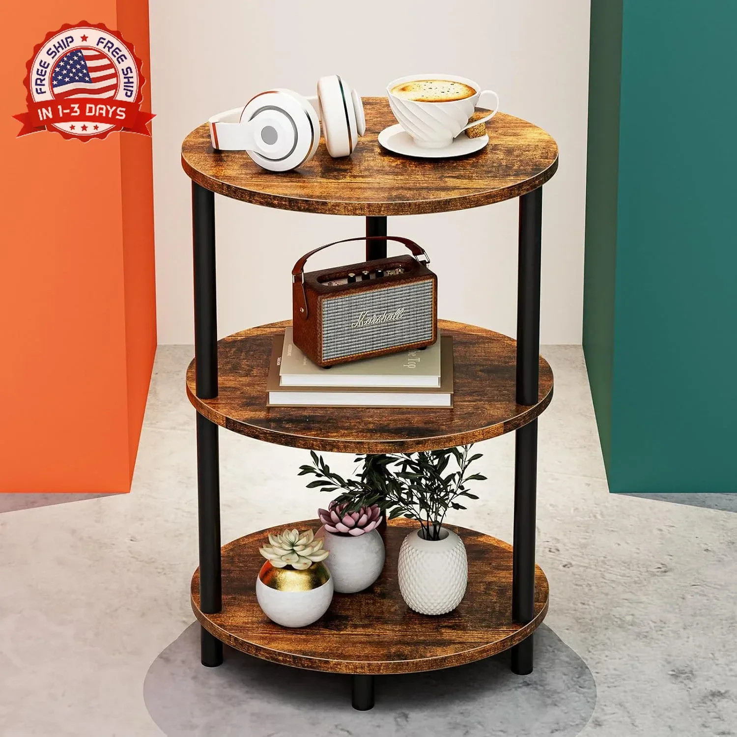 Round Small Side Table – 3 Tier Oval Accent Table for Small Spaces, Rustic Wood