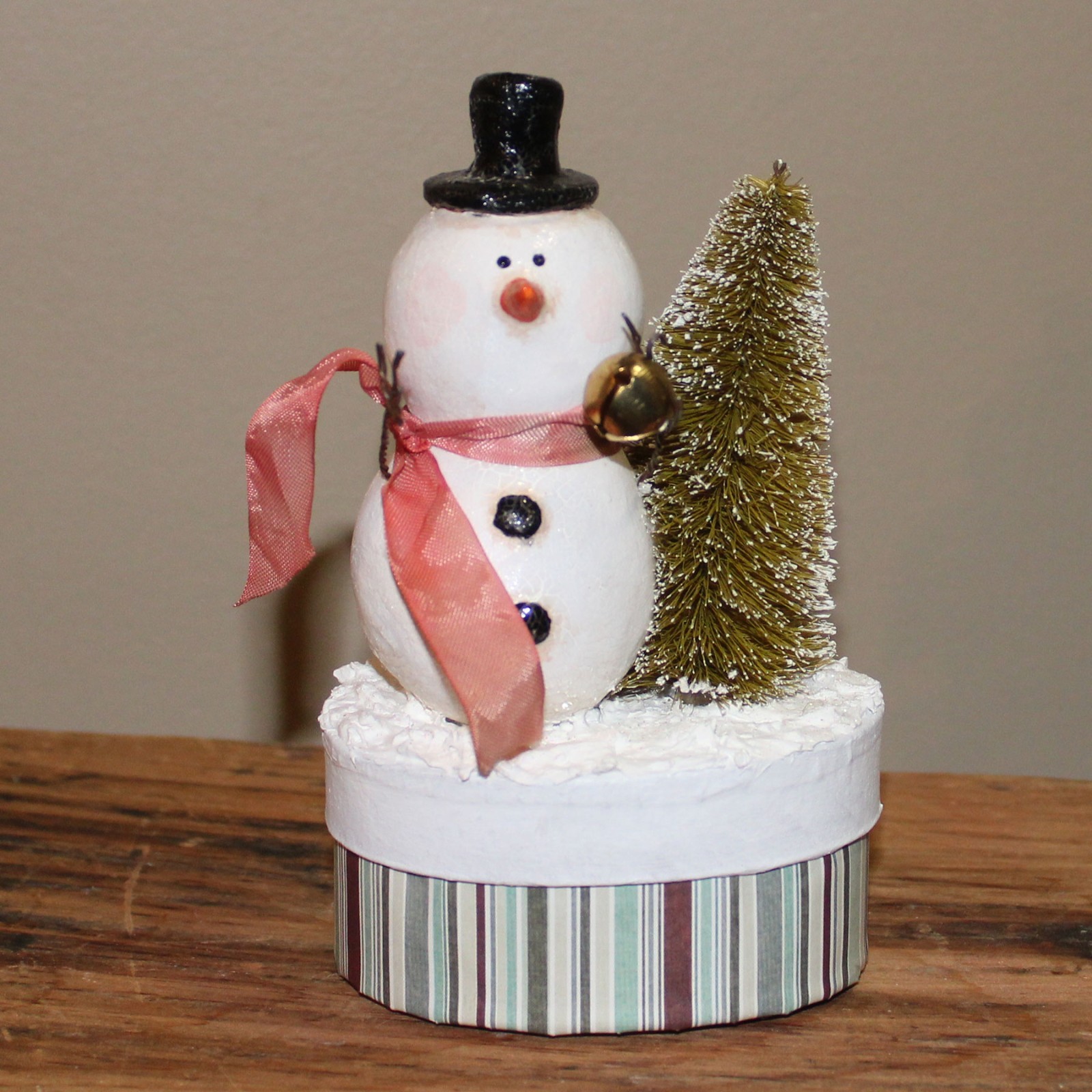 Primitive Handmade Winter Christmas Small Clay Snowman on Box OOAK