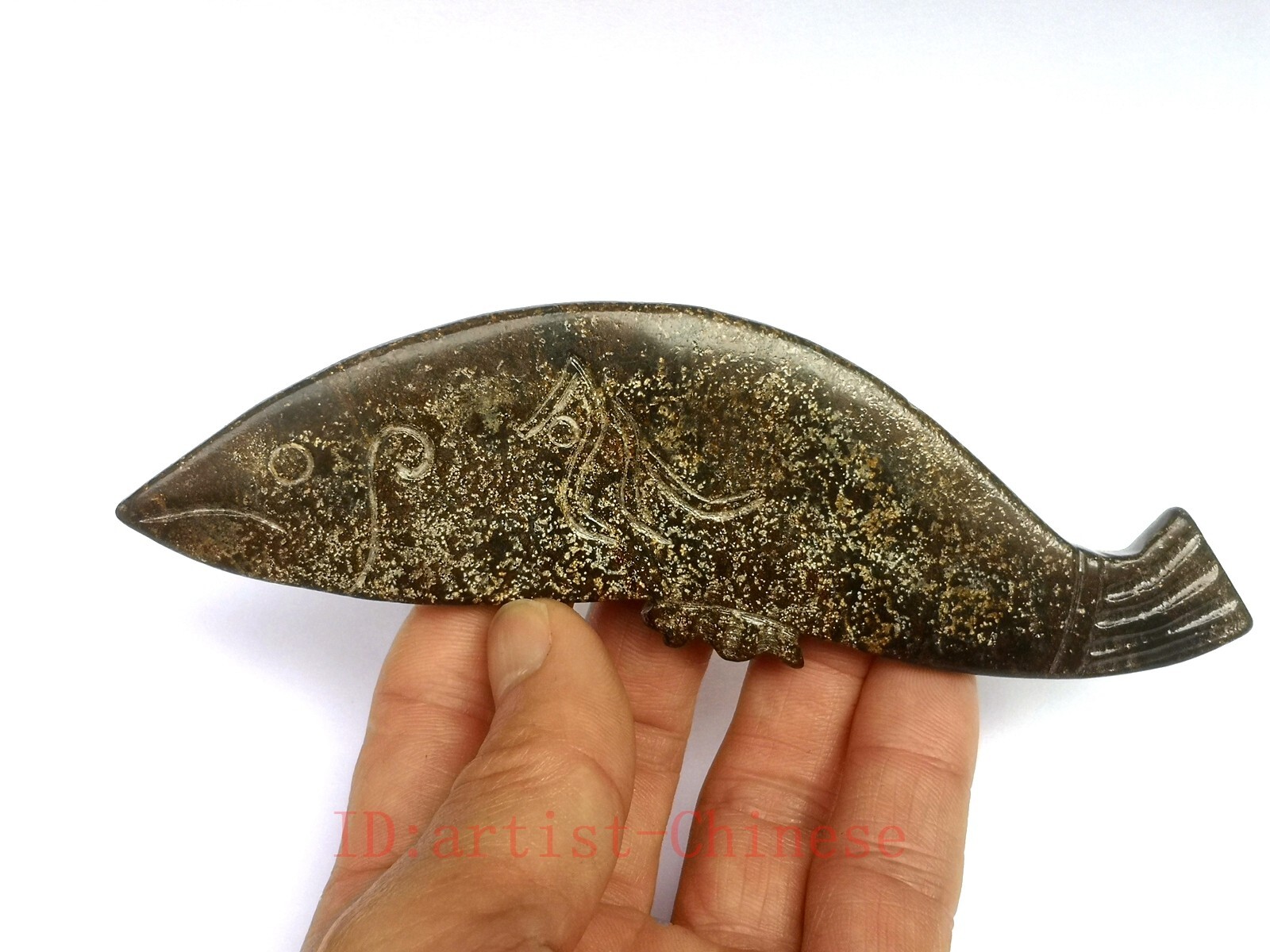 Old Chinese Hongshan Culture Black Magnet Jade Carving Fish Collection