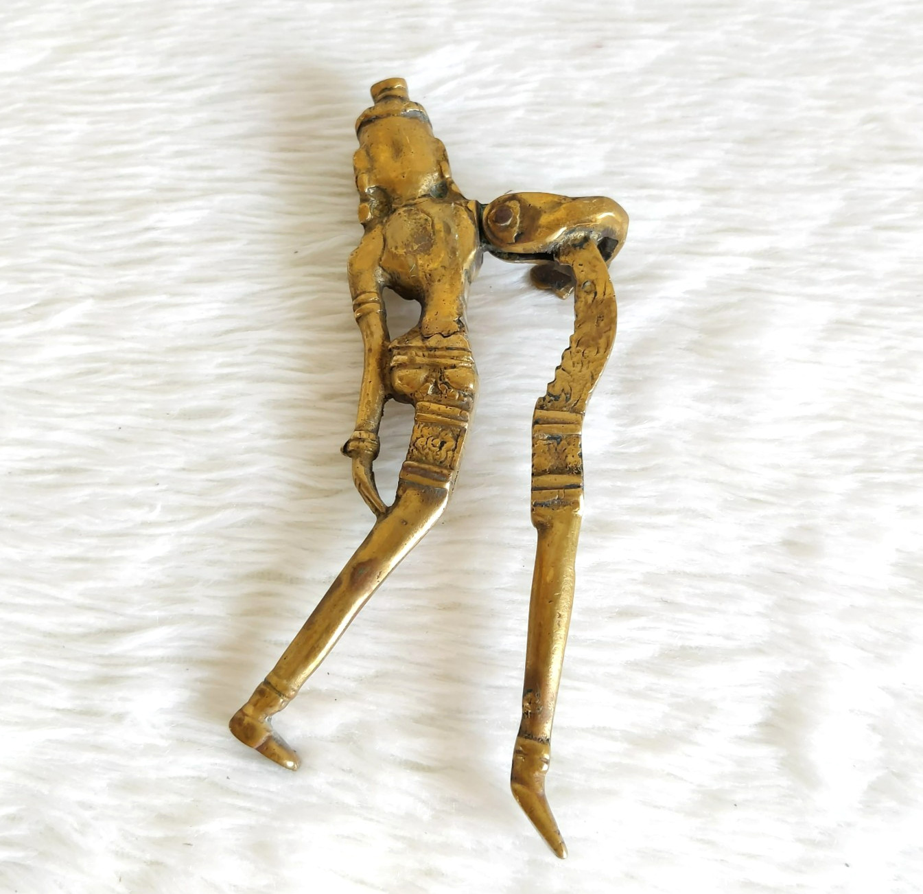 Antique Tribal Walnut Cracker Brass Apsara Figure Decorated Retro Tool Old ML346