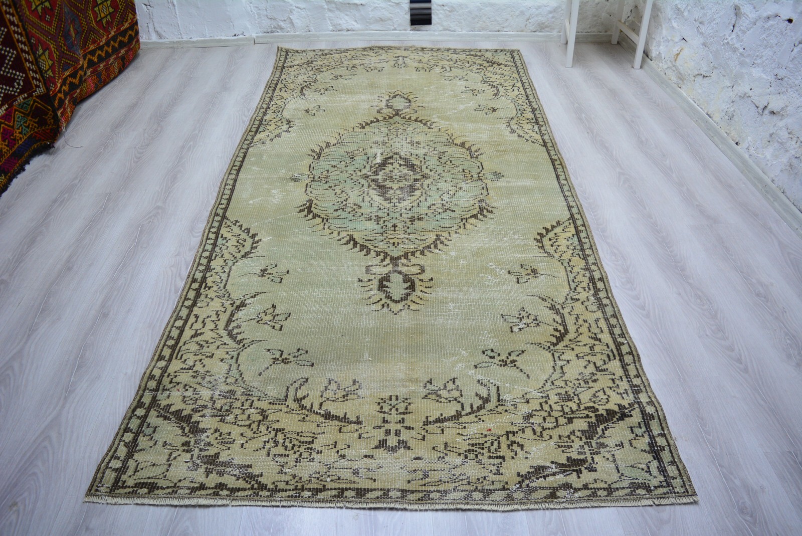 Vintage Green Area Rug, 4.3×9.4ft, Antique Turkish Green Handmade Medallion Rug,