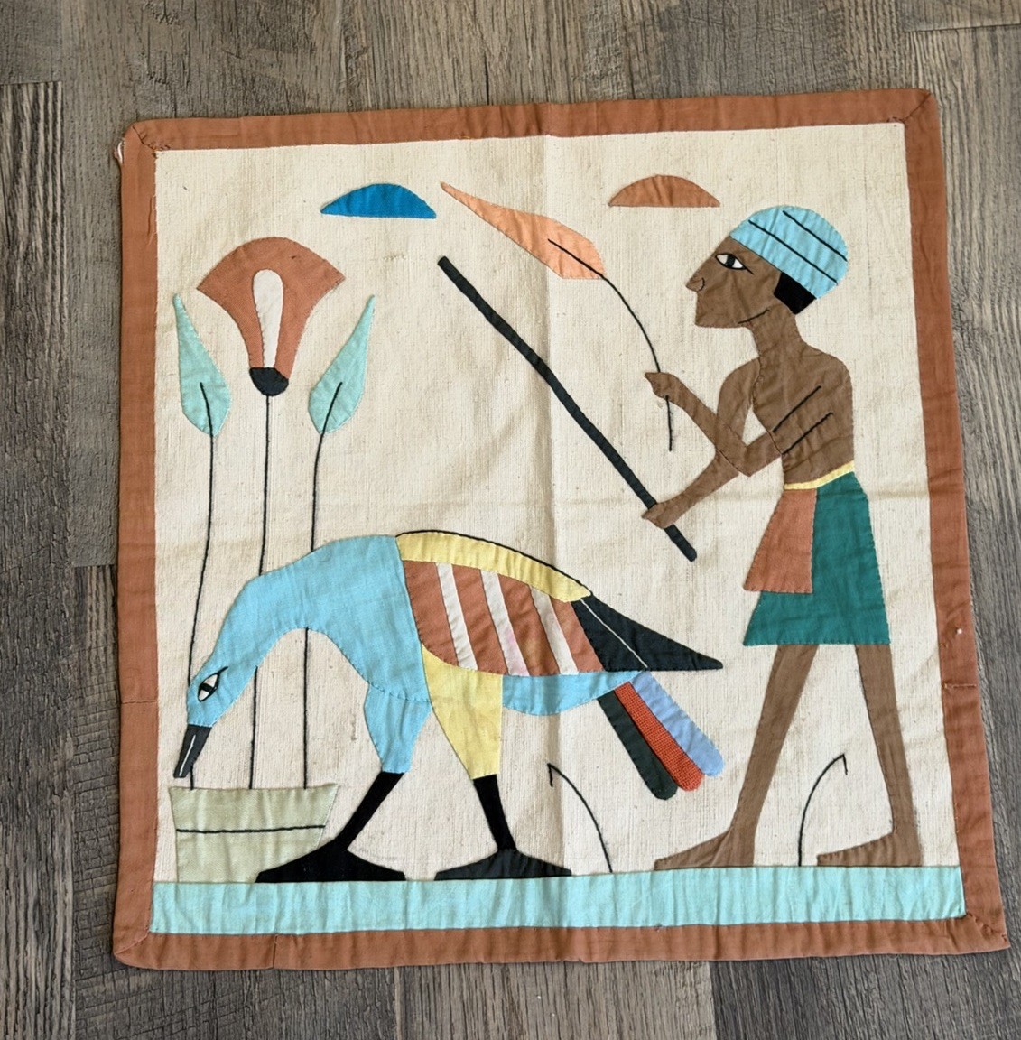 Antique Egyptian Revival Appliqué Hand Woven Textile Tapestry Blue Bird