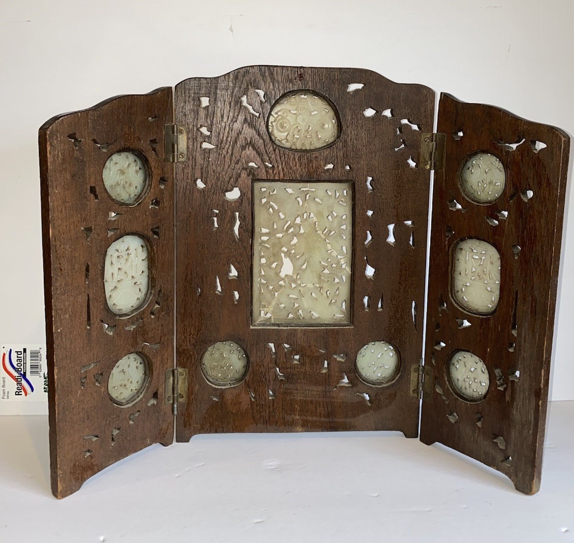 Antique Chinese Hardwood Table Screen w/ Carved Nephrite Jade Plaques Qing