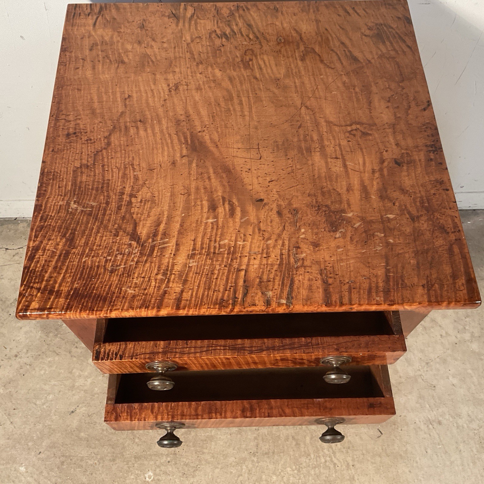 Antique tiger maple 2 Drawer table work Table sheraton 1820 New England