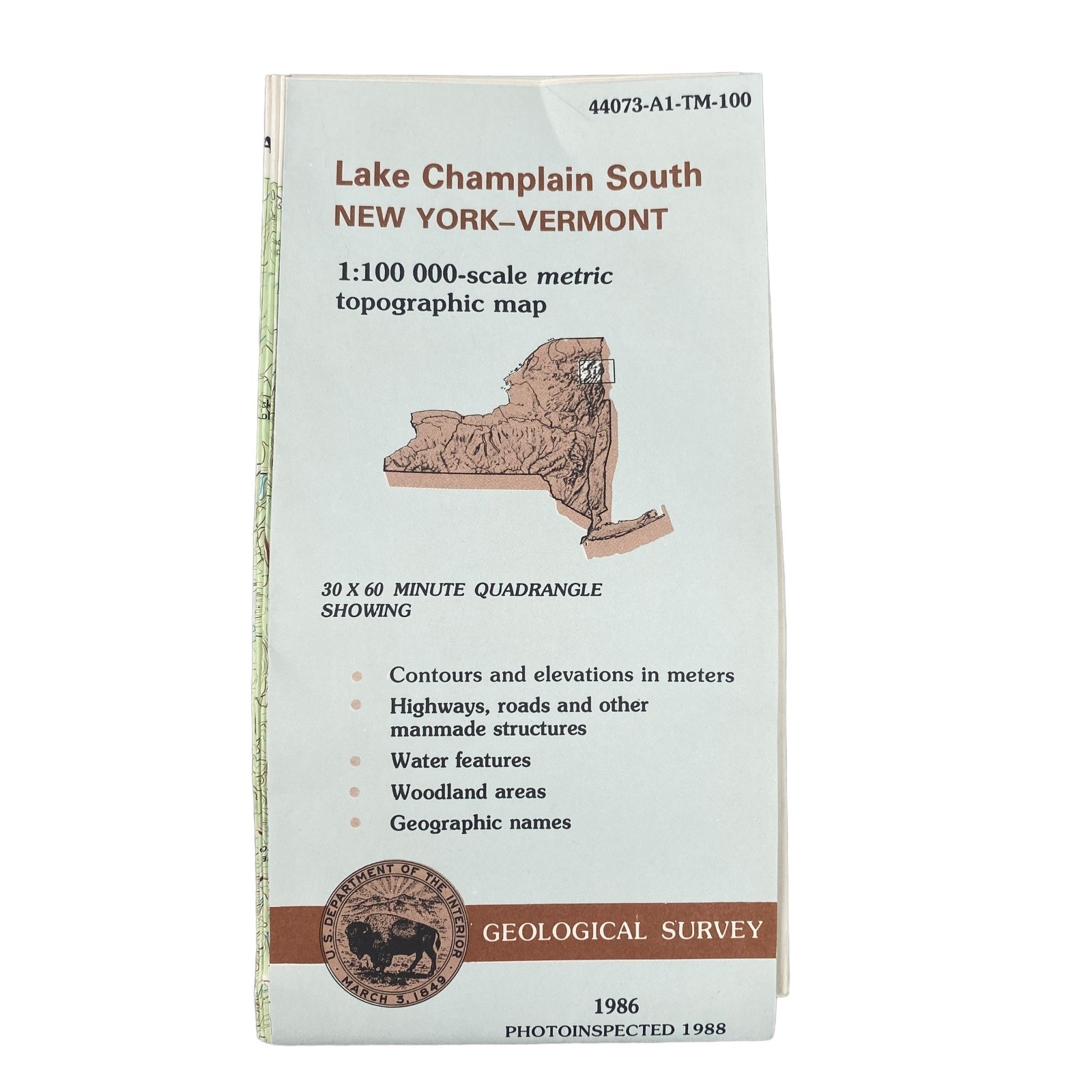USGS Topographic Map 1986 Survey NY Vermont Lake Champlain South 44073-A1-TM-100