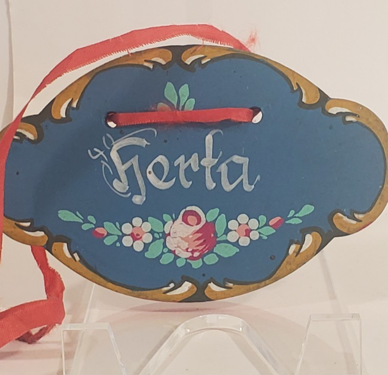 Vintage German Hand Painted Floral “Gerta” Wood Plaque Red Ribbon Folk Art