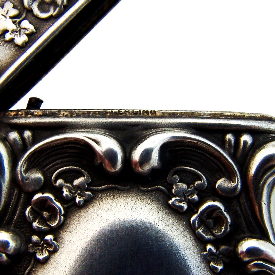 High Relief Match Safe Repousse Scroll Shell Sterling Silver 1900 Mono N
