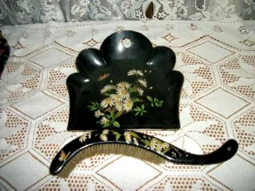 Victorian French Paper Mache Crumber Tray Brush Black Lacquer Daisies 1890s
