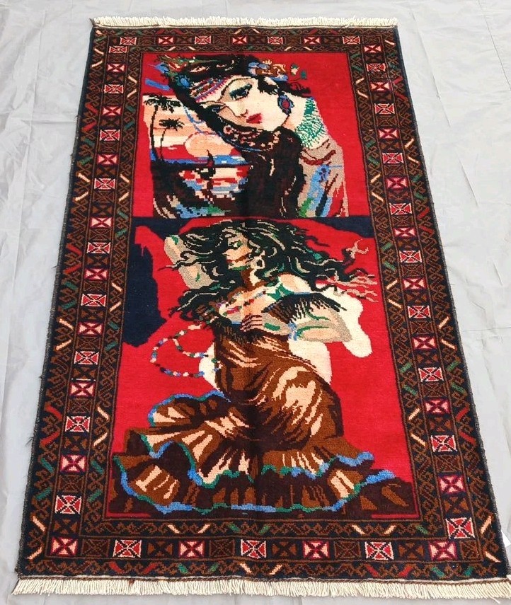 Handmade Pictorial Area Rug Vintage Folk Art Wall Hanging Traditional 148x86cm