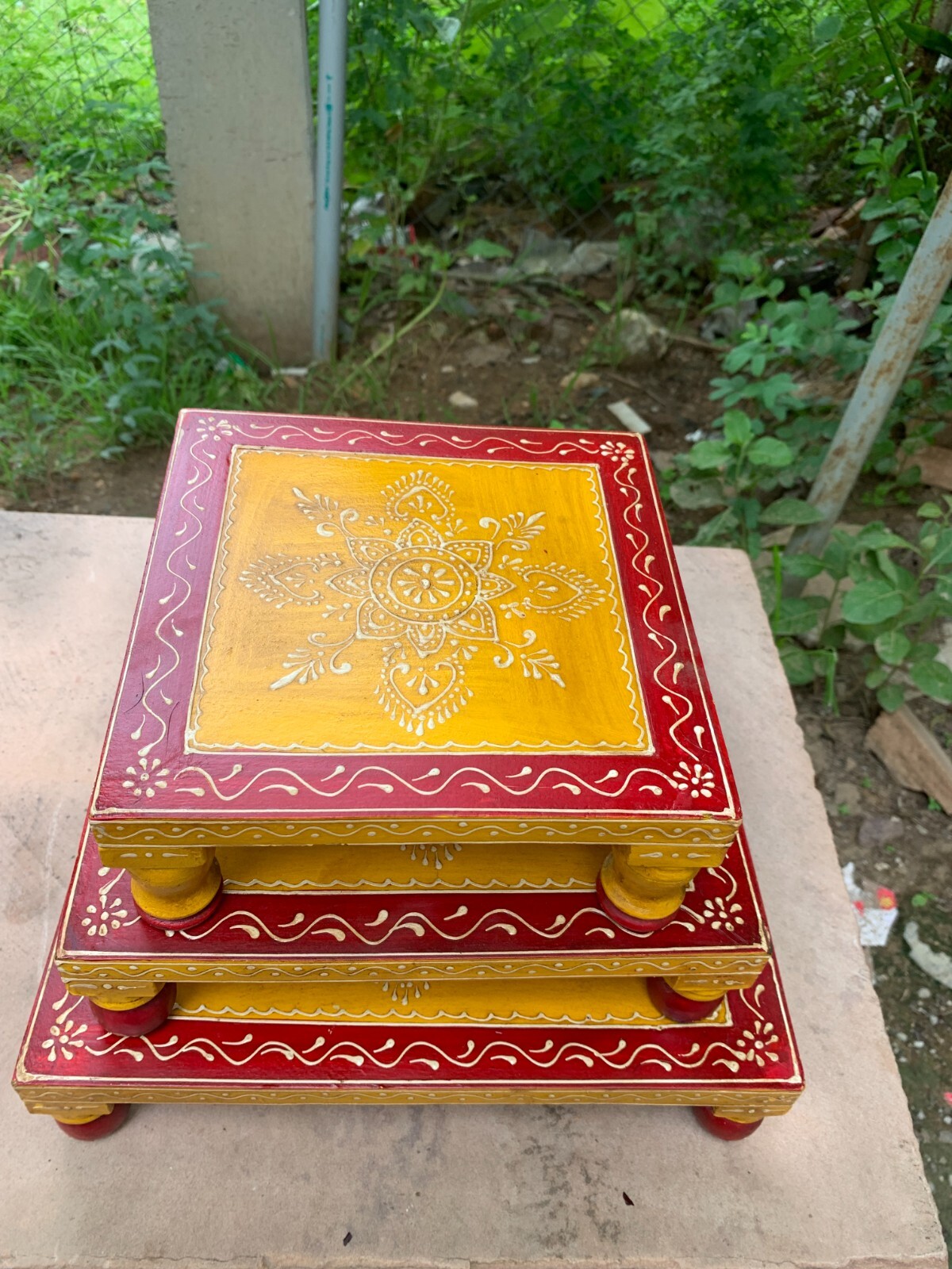 Vintage Look Indian Chowki Set Handmade Wooden Antique Stool Home Decor Bench