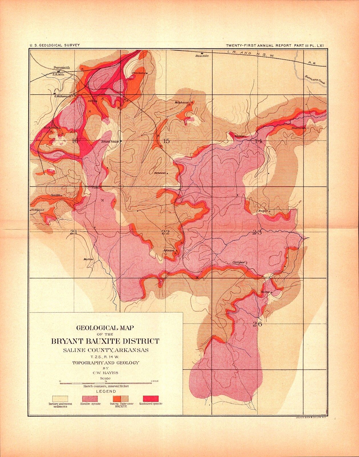 Arkansas Bauxite District-Antique 1901 USGS Map, Saline County Geology Resources