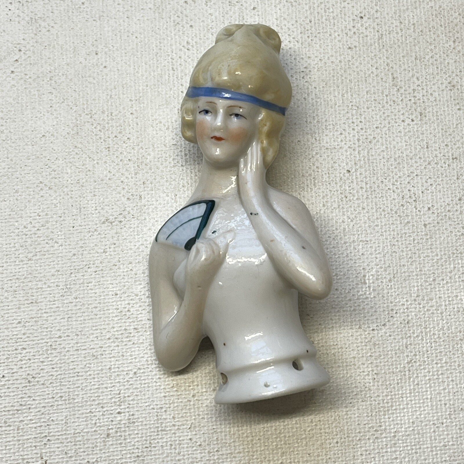 Art Deco Germany Half Doll Flapper Fan Porcelain Pin Cushion Figurine 3.25″