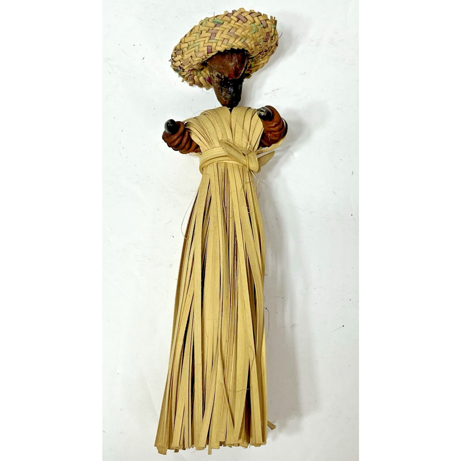 Cashew Nut FolkArt Doll Beaded Arms Rattan 6 in Body Straw Hat Vintage 1950s