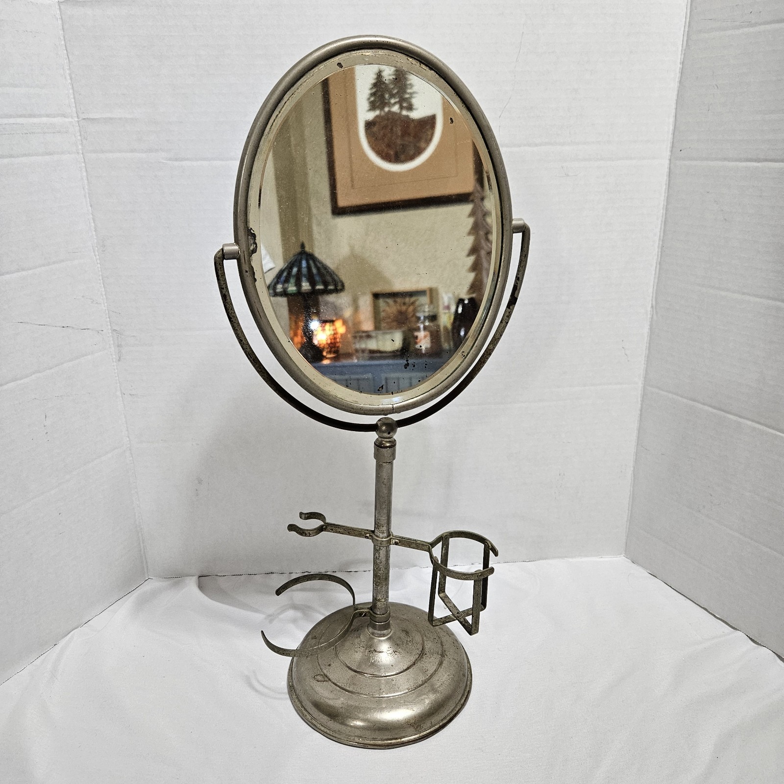 Antique Nickel Plated Vanity Shaving Mirror Beveled Glass Barber