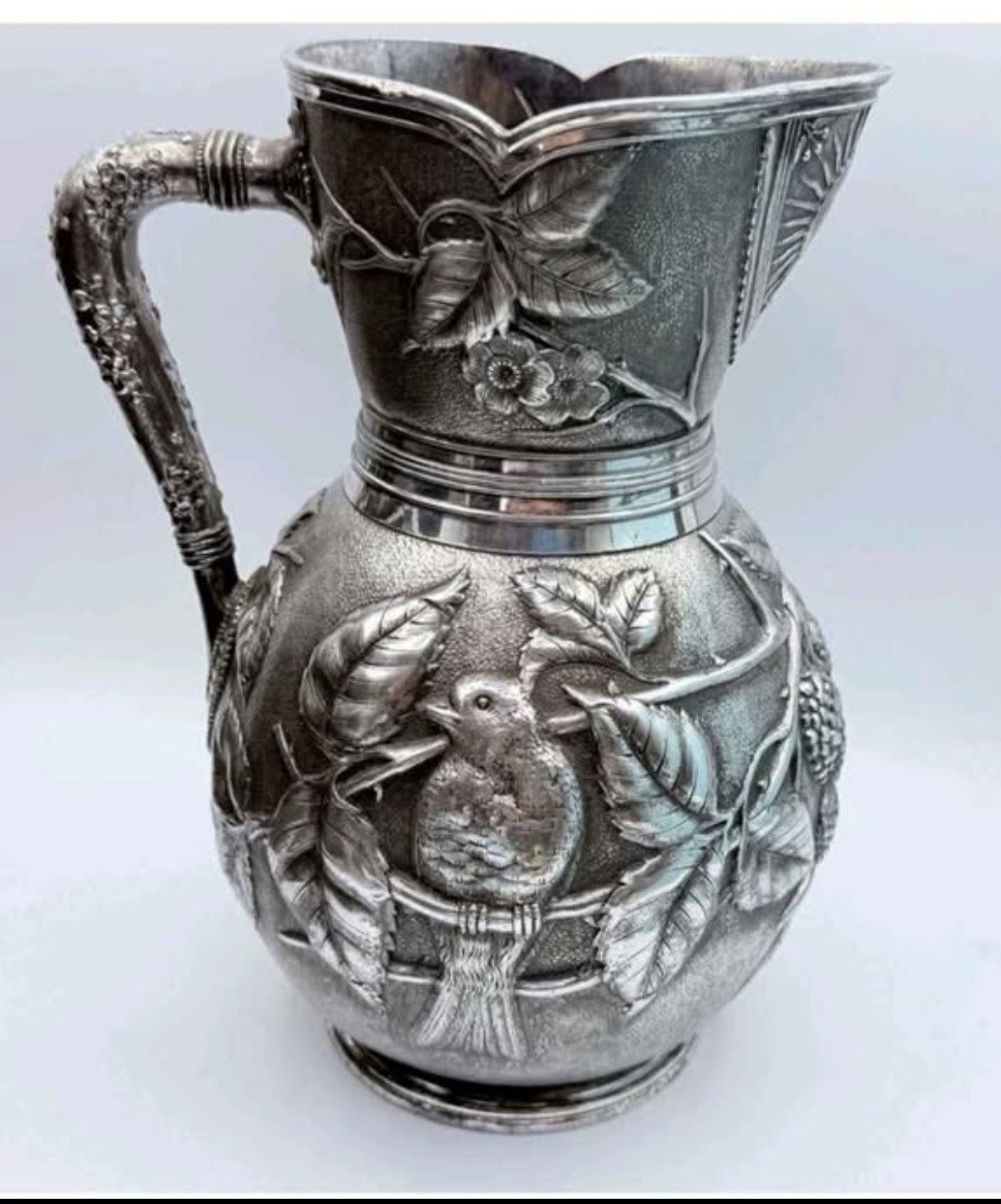 Antique 1800’s Meriden B Company Quadruple Plate Repousse’ Silver Pitcher #404