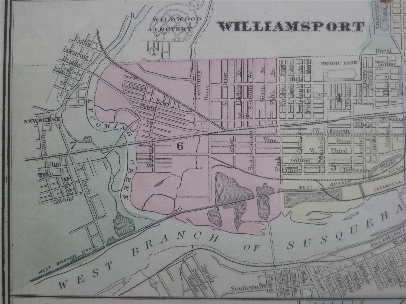 Original 1871 Mitchell Map PENNSYLVANIA + Williamsport Erie Scranton Harrisburg