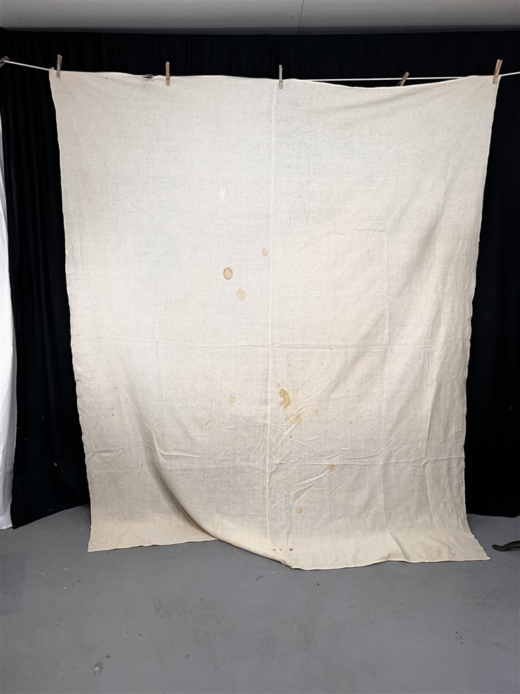antique blanket white wool hand woven 70×86 Civil War era original signed 19thc