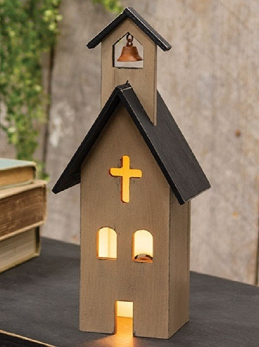 NEW Primitive CHURCH WOOD Rustic SITTER TAN LIGHT UP Aged 10.75Hx4.25″Wx2.5″D