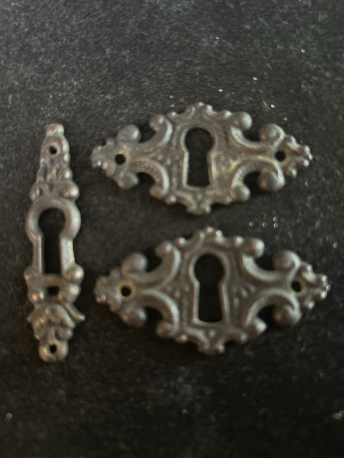 One Individual Slim Cover Plus Pair of Fancy Antique Cast Brass Keyhole Covers