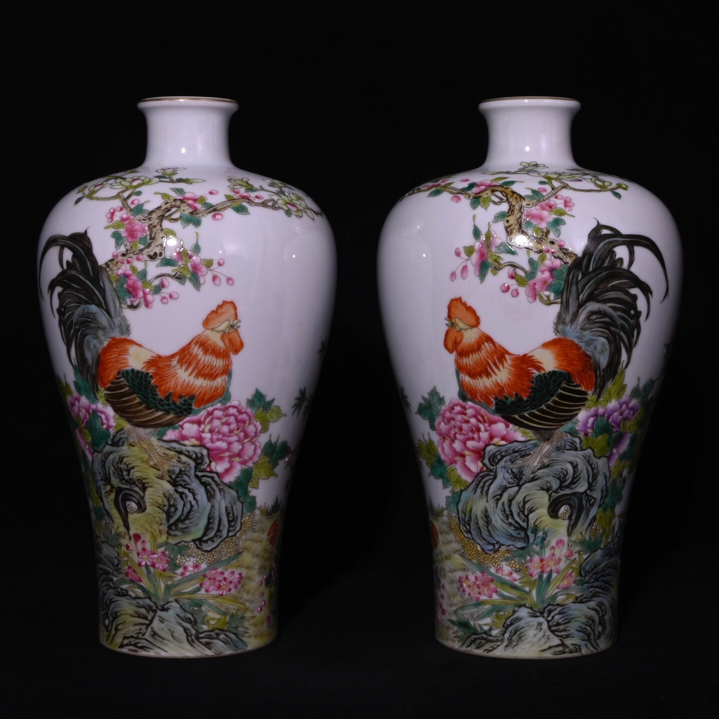 A Pair Collectable Art Handmade Painting Famille Rose Porcelain Cock Vase D10
