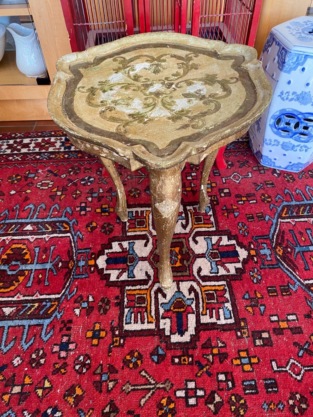 Vintage Italian Florentine 15.5″ W x 17″ H Accent Table Gold Gilt & Off White!