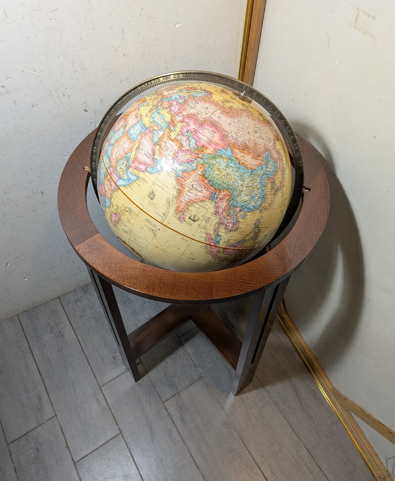 Replogle 16″ World Globe Floor Stand Cherry Wood Mission Base USA Brass 2000s