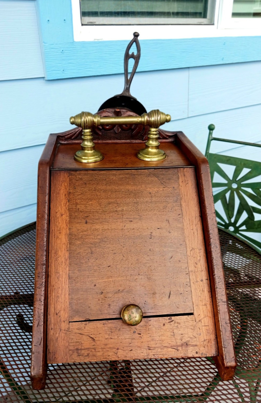 Antique Wooden Fireplace Ash Box with Metal Liner and Shovel Brass Handle