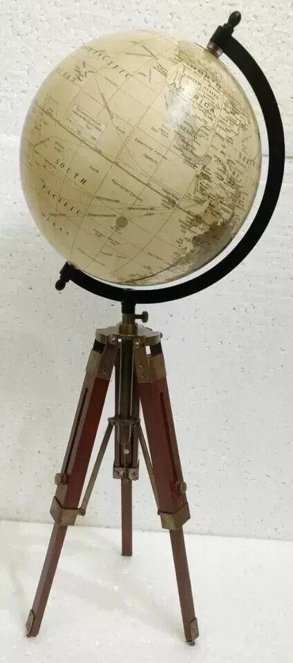 Globe World Tripod Map Stand Nautical Wooden Table Antique Decor Vintage Atlas