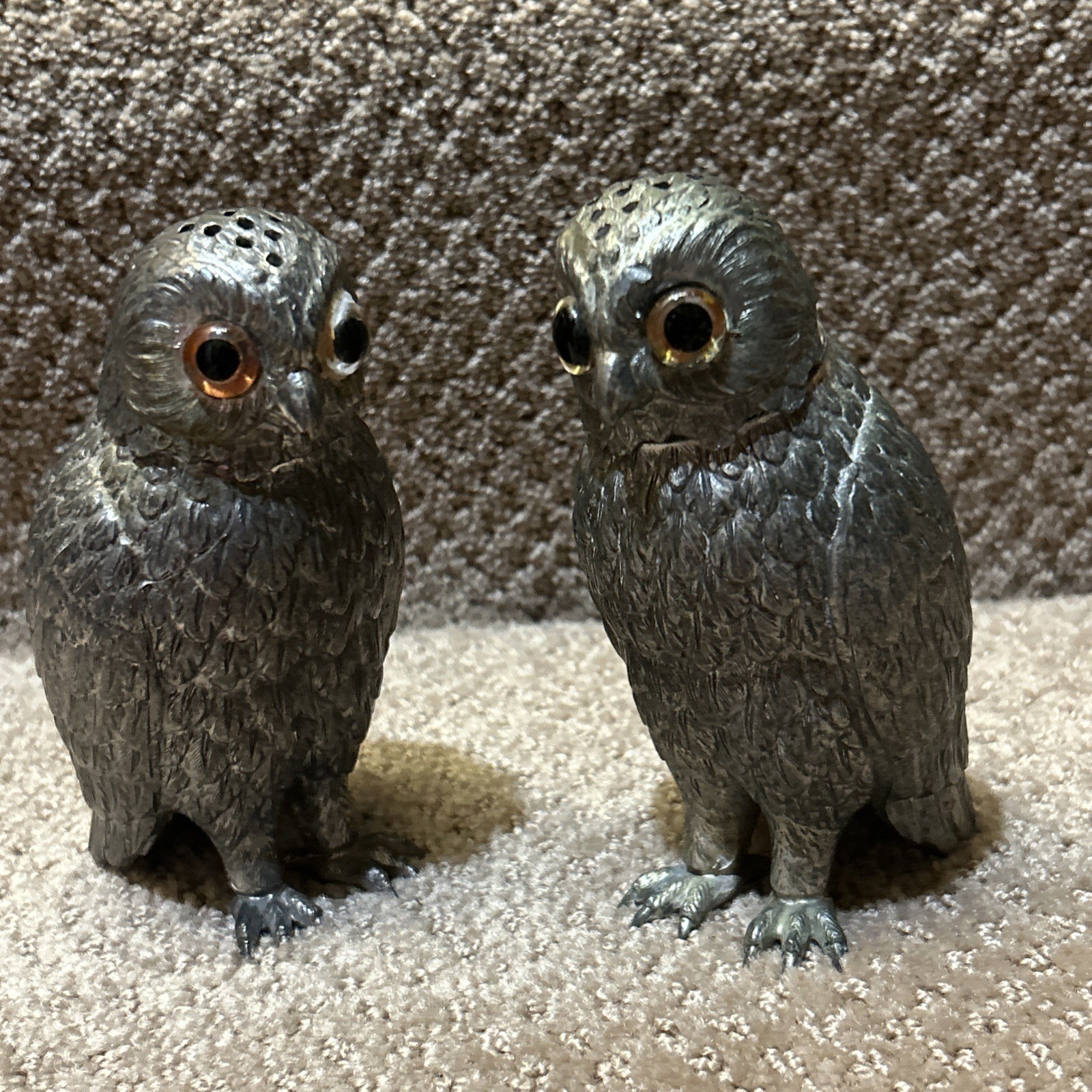 Vintage Pair Corbell & Co Silver Plated Owl Muffineer Sugar Shaker Rare 1950s