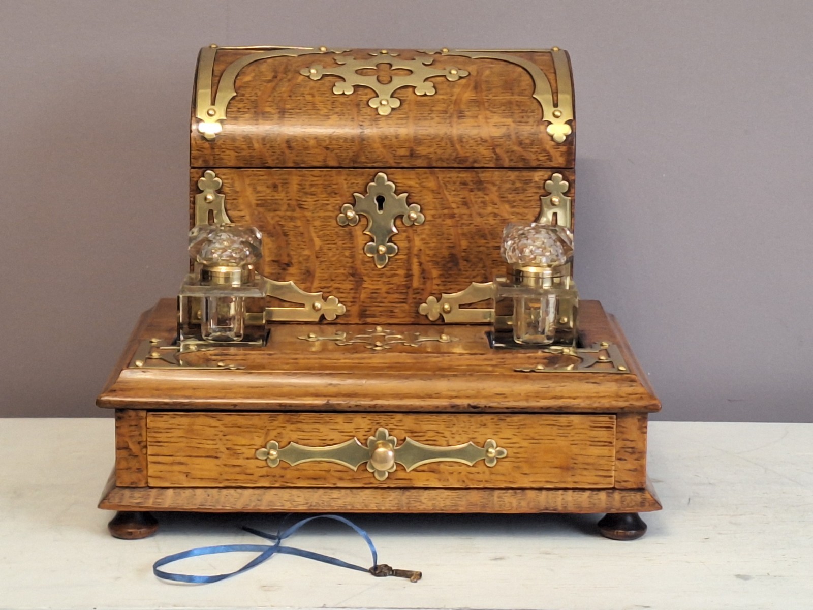 Antique English Oak Letter Stand With Paper Draw And Two Inkwells C 1870’s