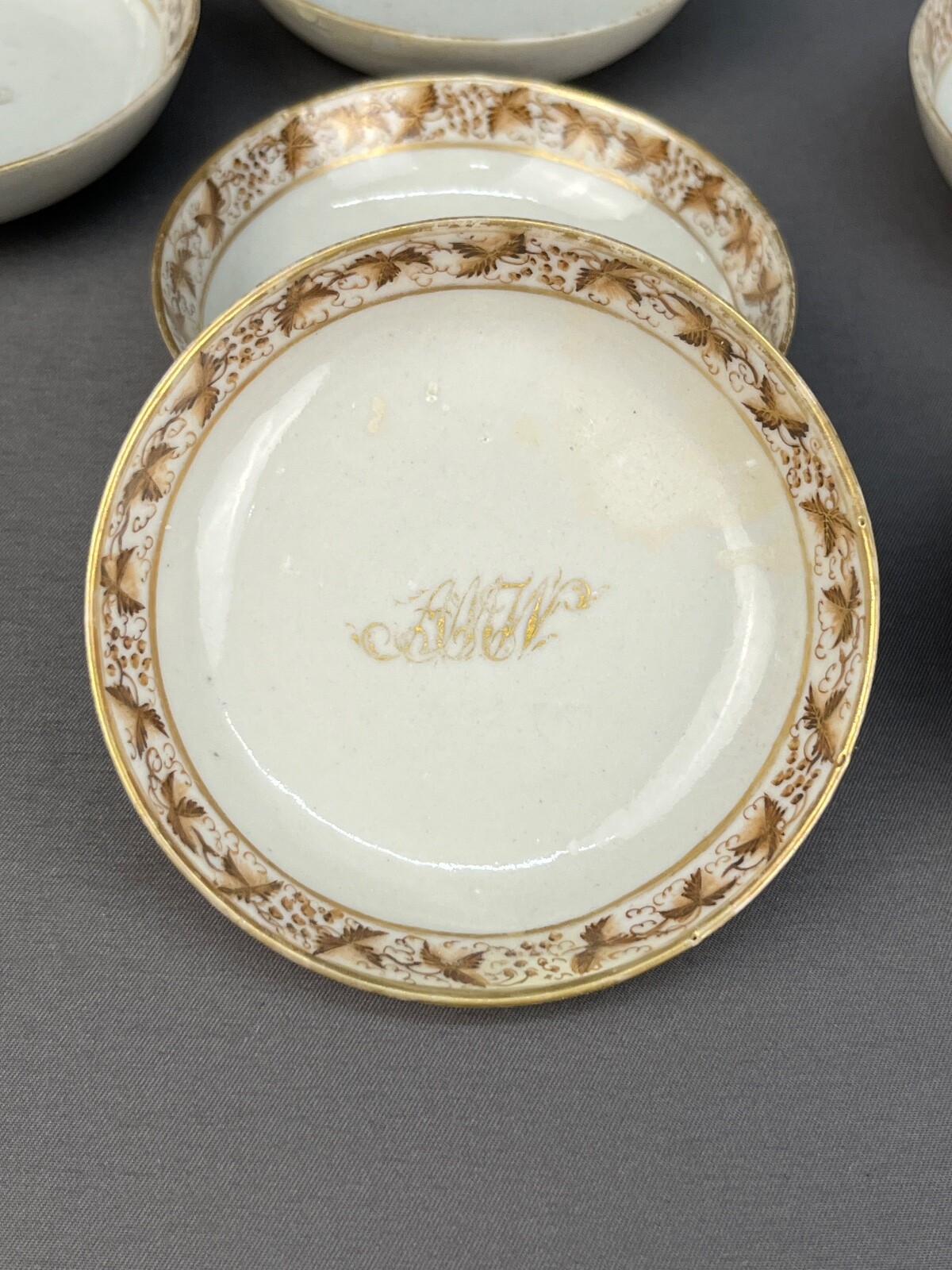 18 pc Chinese Export Porcelain Partial Tea Set Sepia Ivy w/Mono 18th Century
