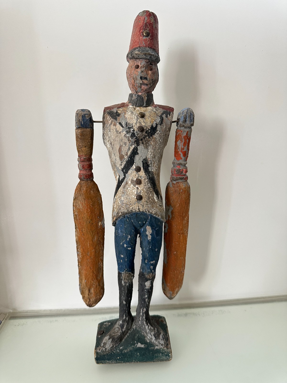19th C. American Carved Wooden Polychrome Whirligig Soldier Paddle Arms