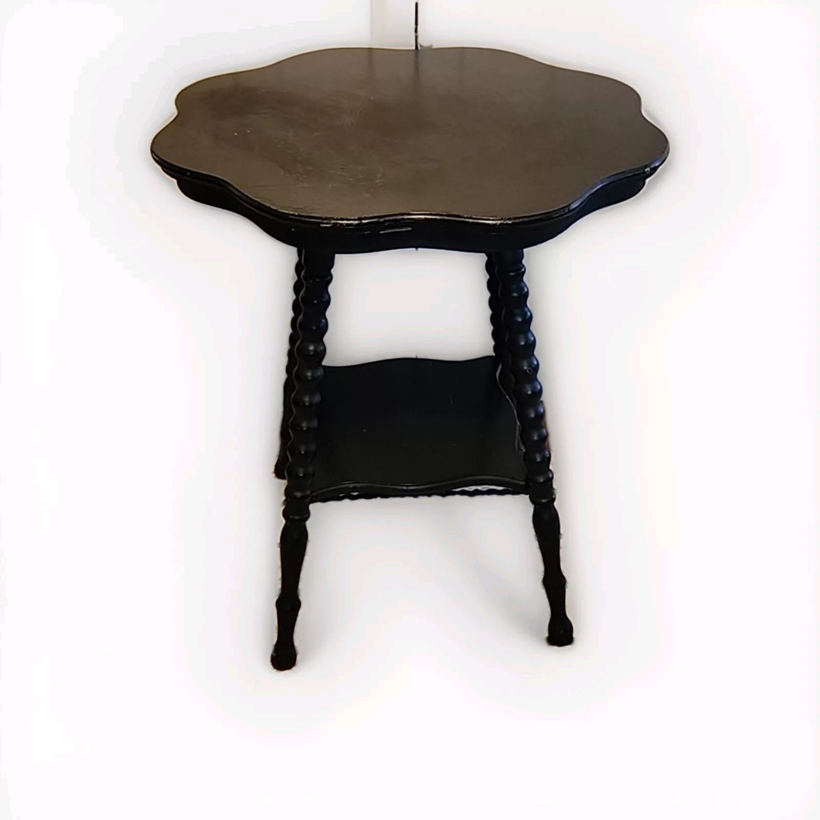 Antique Side Accent Table Turned Bead Leg Wood – Round Scallop Top Painted Black