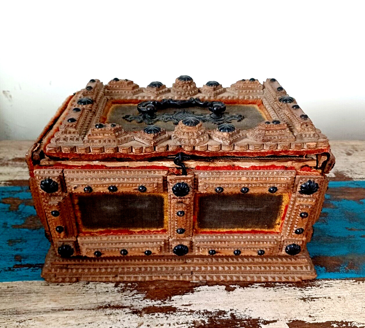 Late Victorian tramp art wooden jewellery/ trinket box