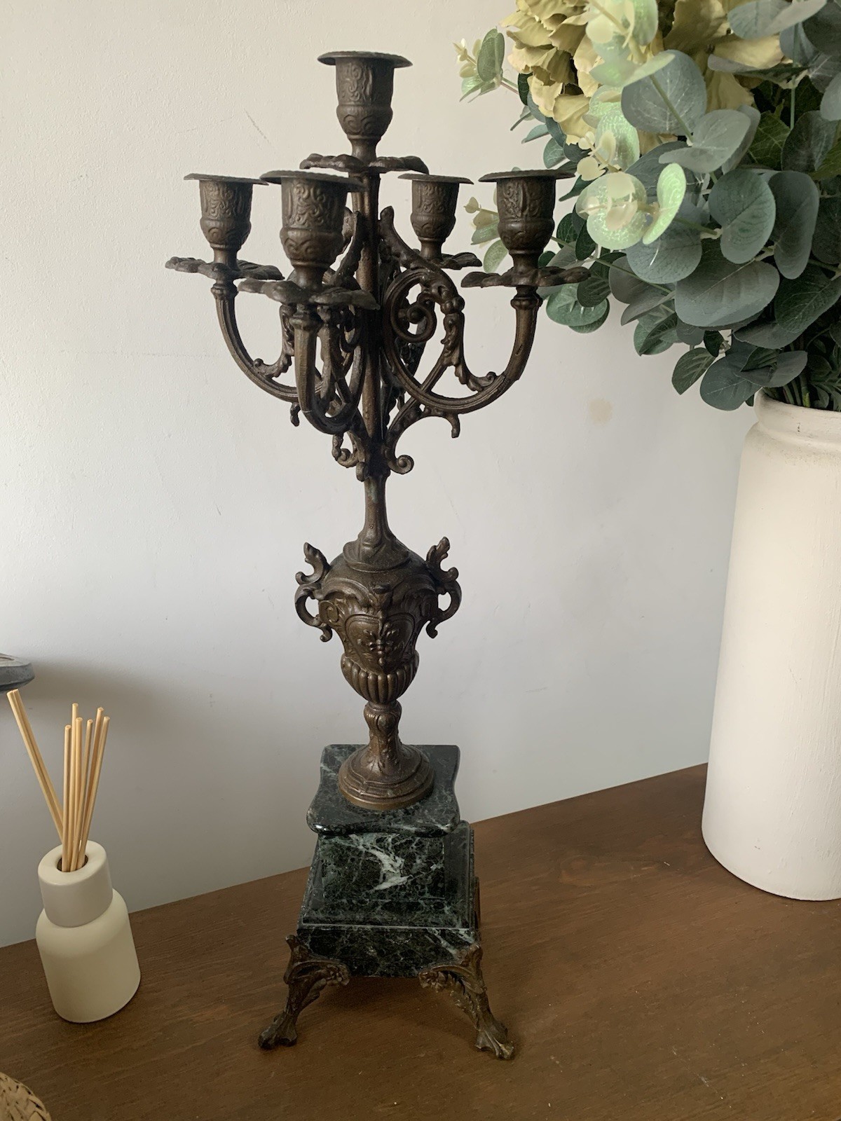 Vintage French Brass Five Arm Green Marble Candelabra Candleholder