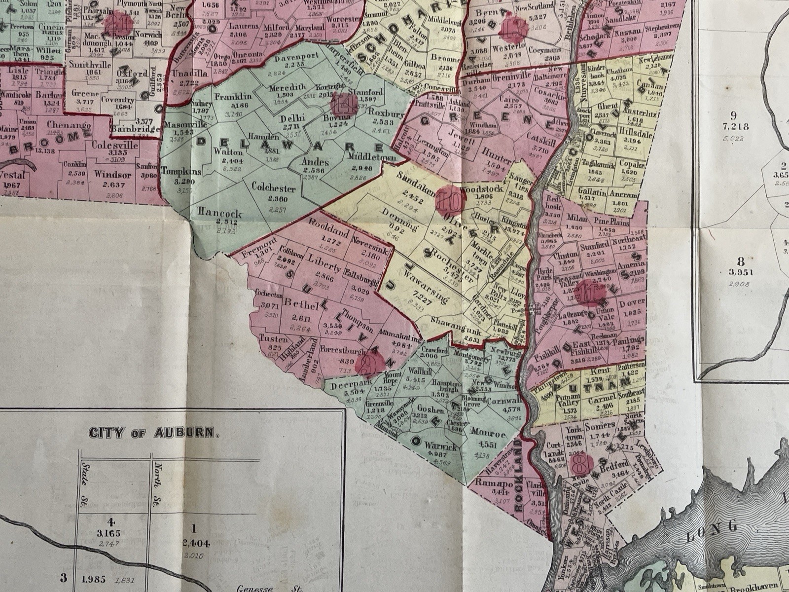 Antique Census Map State of New York Hand Colored D.T. Valentine Lithograph