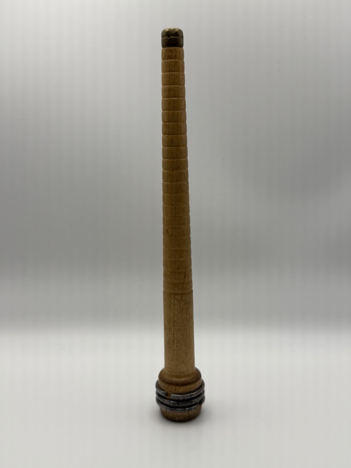 Antique Wooden Bobbin Spindle Textile Loom Weaving Tool w/ Metal Bands 8”